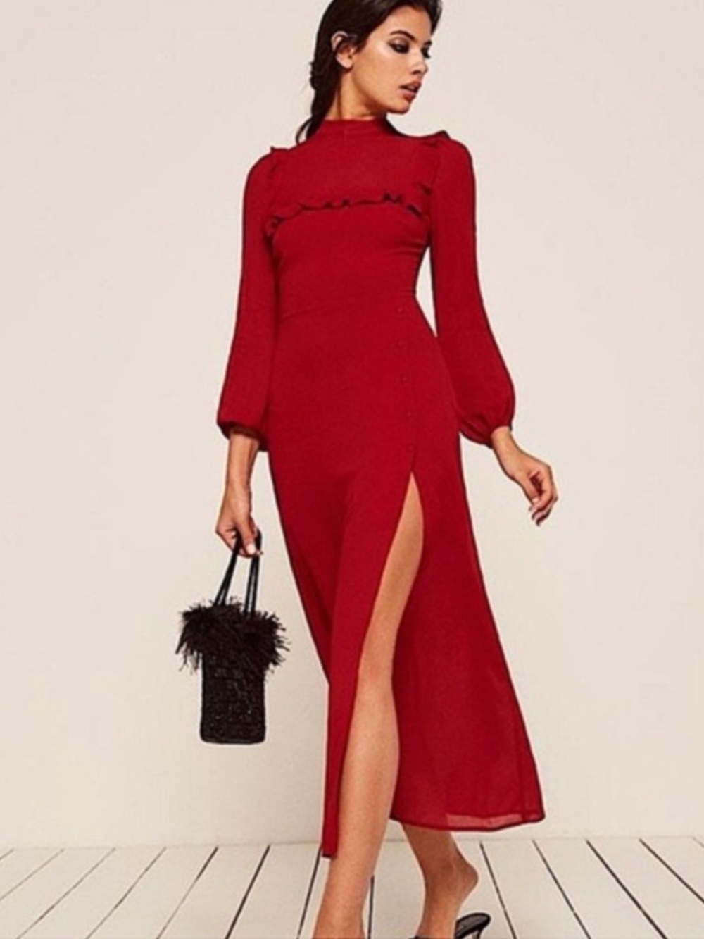 Reformation Gillian Dress Red Long Sleeve Ruffle Size 6 - Picture 3 of 13